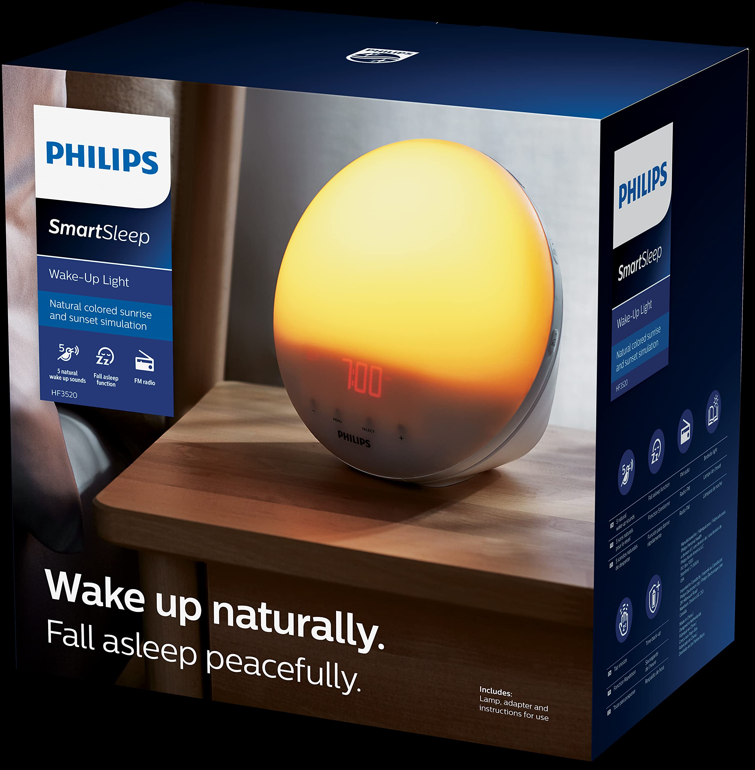 Ver especificaciones técnicas y precio actualizado de Philips SmartSleep HF3520 Despertador con Simulación de Amanecer Solar y 5 Sonidos Naturales Fotografía técnica oficial de Philips SmartSleep HF3520 Despertador con Simulación de Amanecer Solar y 5 Sonidos Naturales - Vista frontal con fondo neutro