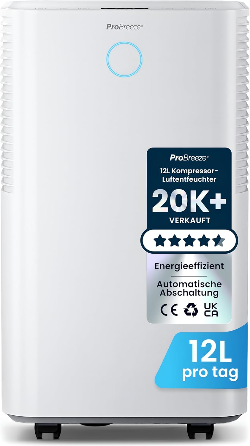 Fotografía técnica oficial de Pro Breeze Deshumidificador de Compresor de 12L con Sensor Automático de Humedad - Vista frontal con fondo neutro
