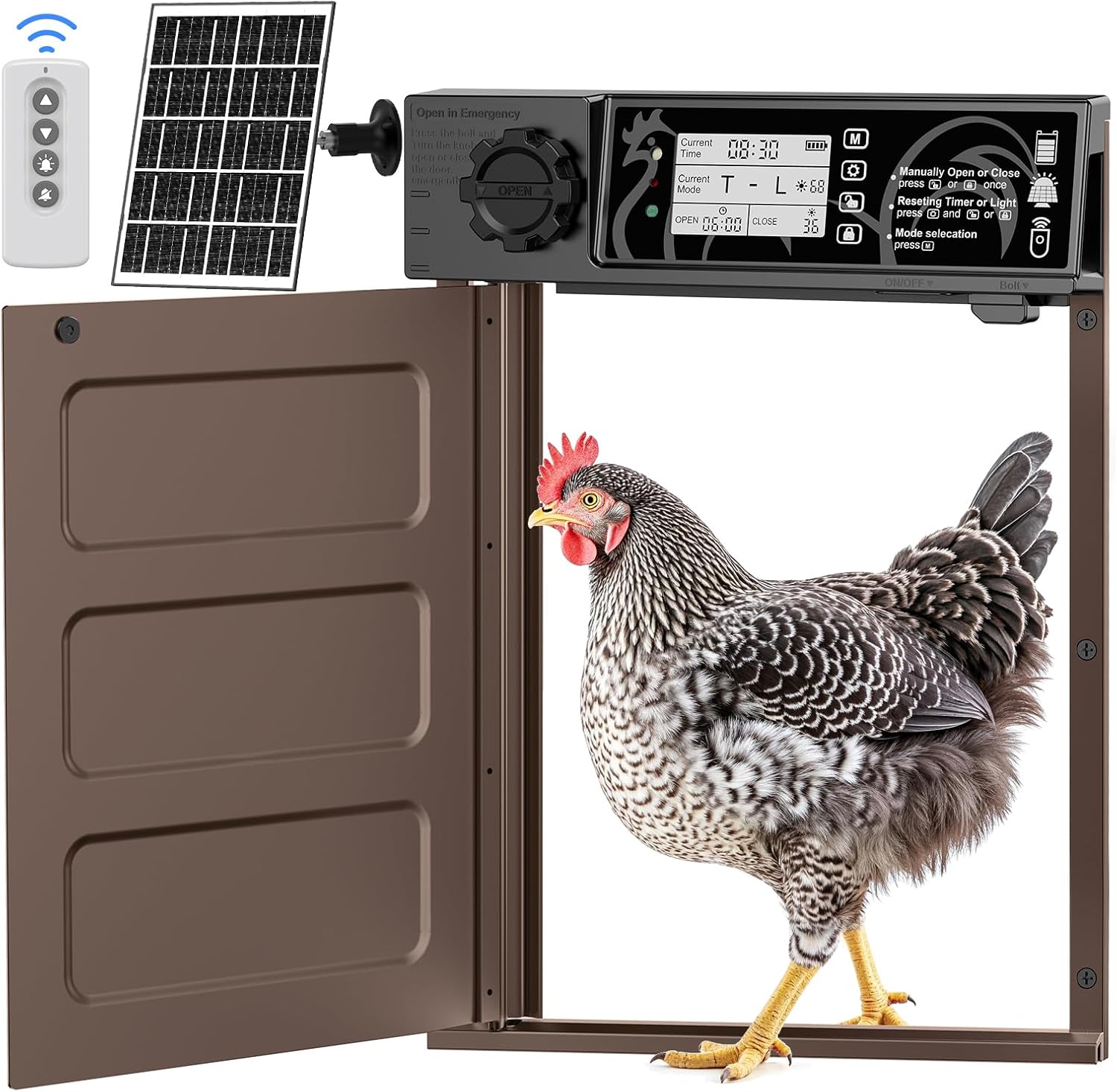 Fotografía técnica oficial de Puerta Automática de Gallinero Solar con WiFi Tuya y Control Remoto por App - Vista frontal con fondo neutro