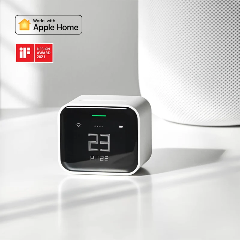 Fotografía técnica oficial de Qingping Monitor de Calidad del Aire Lite con Sensor Láser PM2.5, PM10, CO2 y Apple HomeKit - Vista frontal con fondo neutro