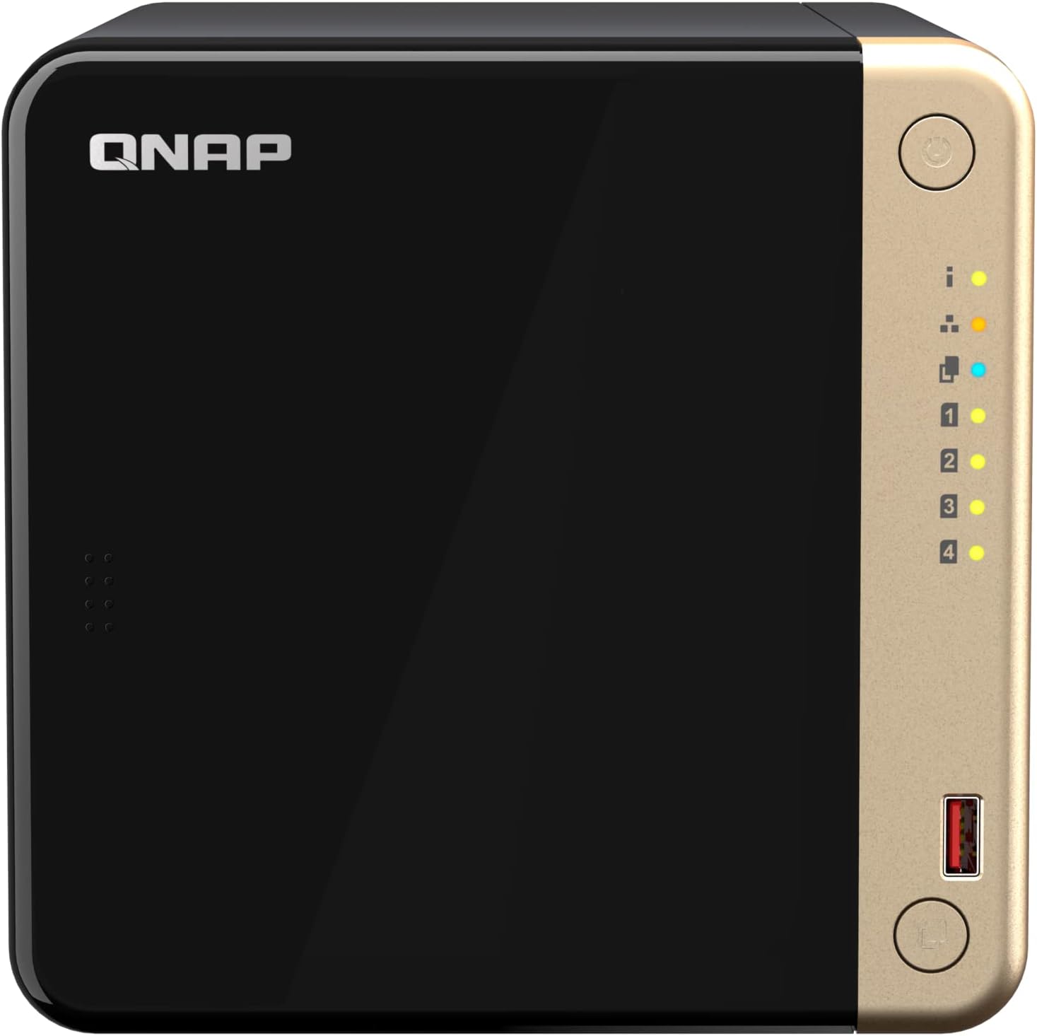 Fotografía técnica oficial de QNAP TS-464-8G Servidor NAS 4 Bahías (Intel Celeron Quad-Core, 8GB RAM, Dual 2.5GbE, HDMI 4K) - Vista frontal con fondo neutro