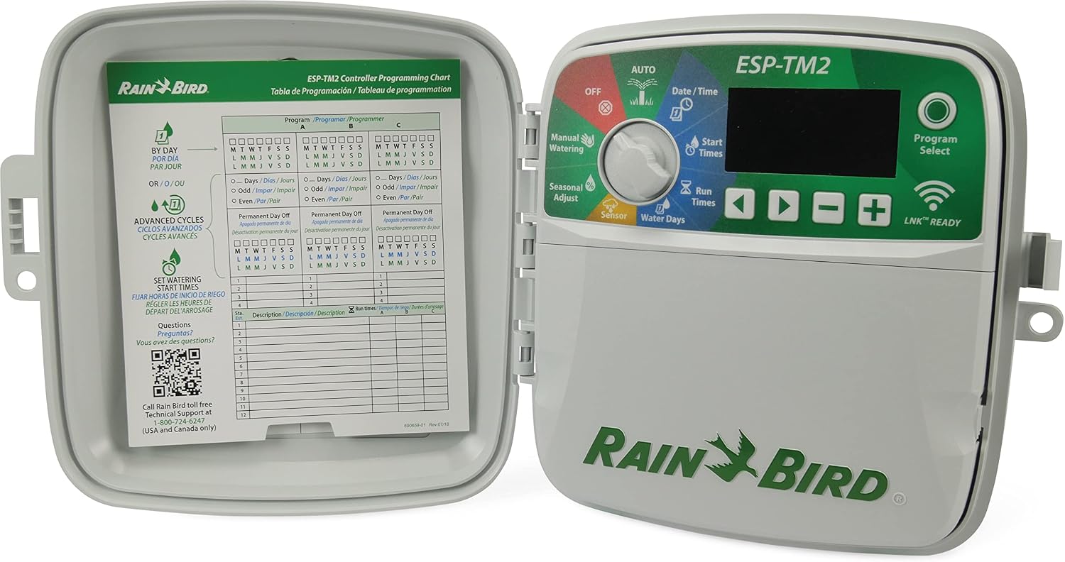 Ver especificaciones técnicas y precio actualizado de Rain Bird ESP-TM2 Programador de Riego de Exterior con Módulo WiFi LNK2 Incluido Fotografía técnica oficial de Rain Bird ESP-TM2 Programador de Riego de Exterior con Módulo WiFi LNK2 Incluido - Vista frontal con fondo neutro
