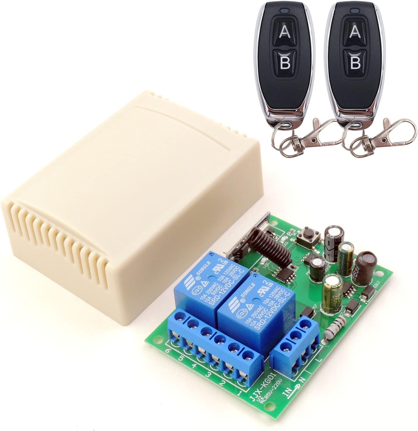 Fotografía técnica oficial de Receptor Universal WiFi y Radiofrecuencia para Mandos de Garaje Rolling Code - Vista frontal con fondo neutro