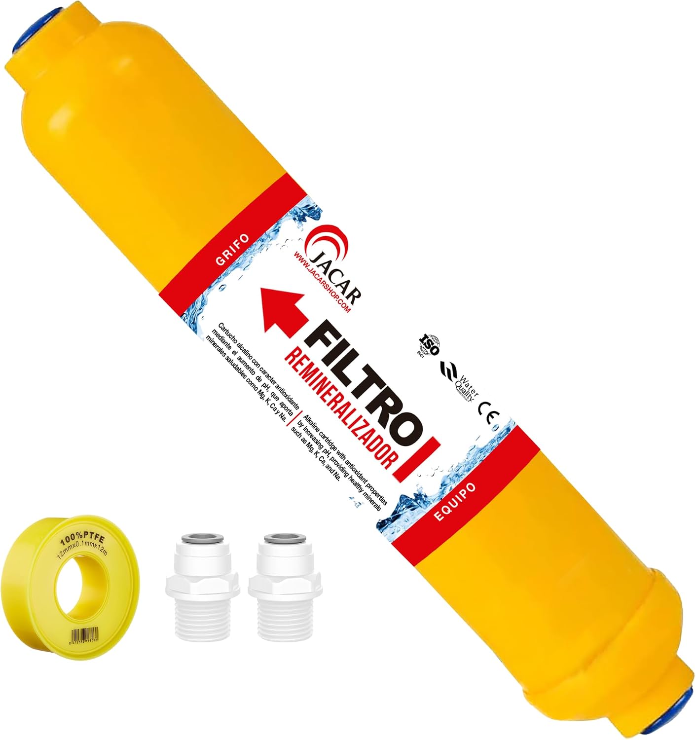 Fotografía técnica oficial de Filtro Posósmosis Remineralizador y Alcalinizador de Calcio y Magnesio - Vista frontal con fondo neutro