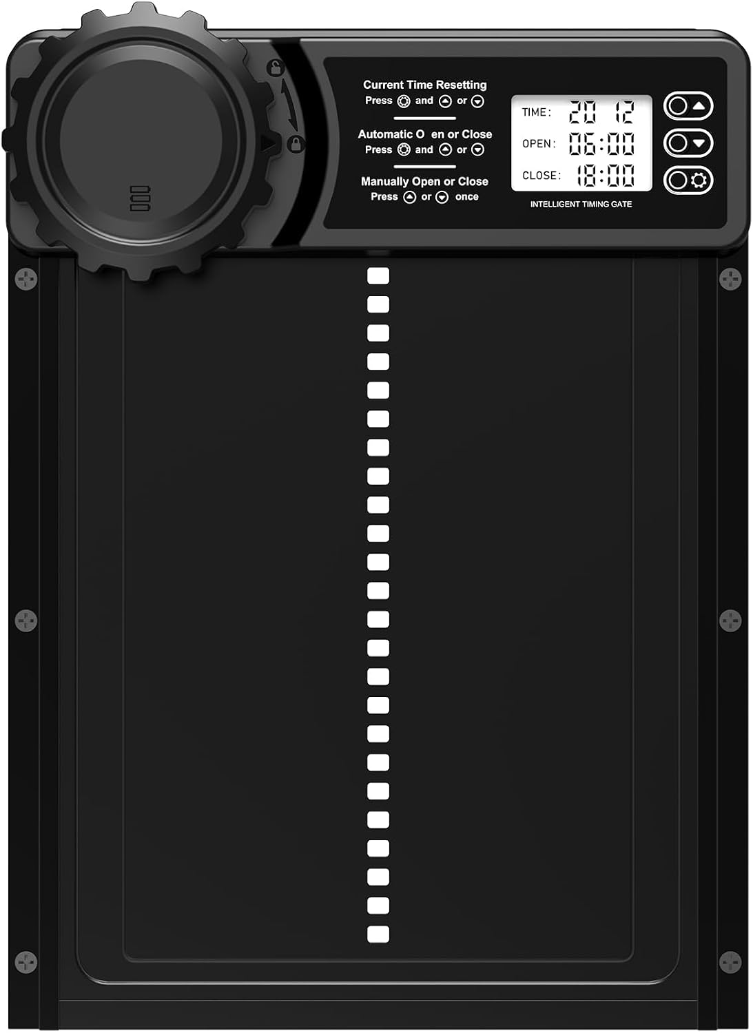 Fotografía técnica oficial de Run-Chicken T50 Puerta Automática para Gallinero de Aluminio con Sensor de Luz - Vista frontal con fondo neutro