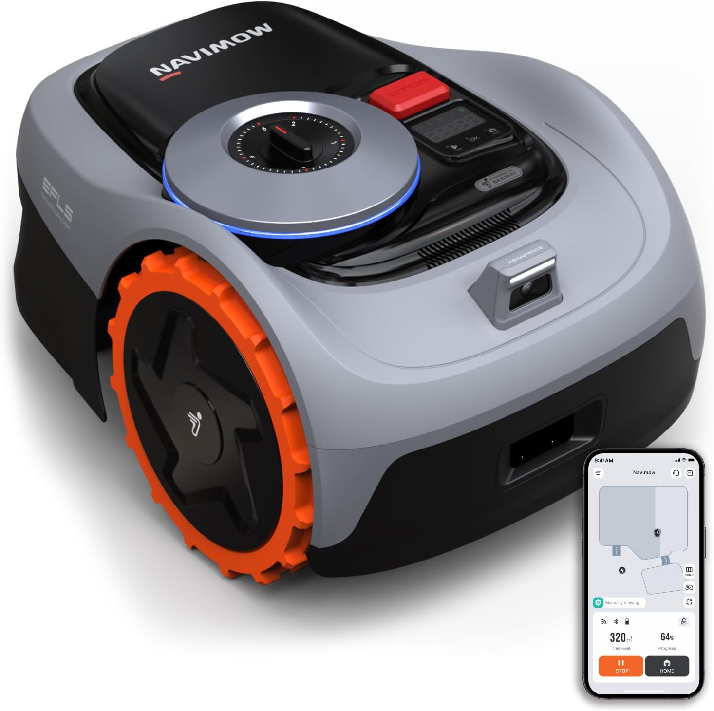 Ver especificaciones técnicas y precio actualizado de Segway Navimow i105E Robot Cortacésped con Posicionamiento Satelital RTK y Cámara EFLS 2.0 Fotografía técnica oficial de Segway Navimow i105E Robot Cortacésped con Posicionamiento Satelital RTK y Cámara EFLS 2.0 - Vista frontal con fondo neutro