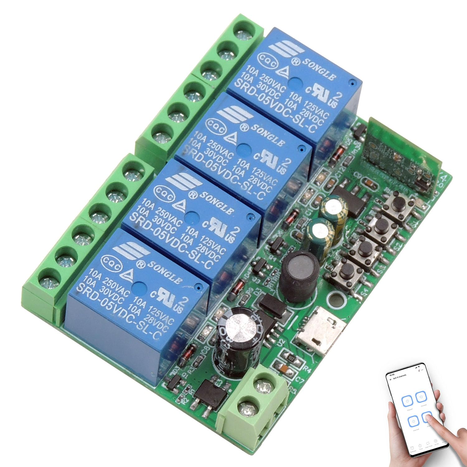 Fotografía técnica oficial de Shelly 1L Interruptor Relé Inteligente WiFi Sin Necesidad de Cable Neutro - Vista frontal con fondo neutro