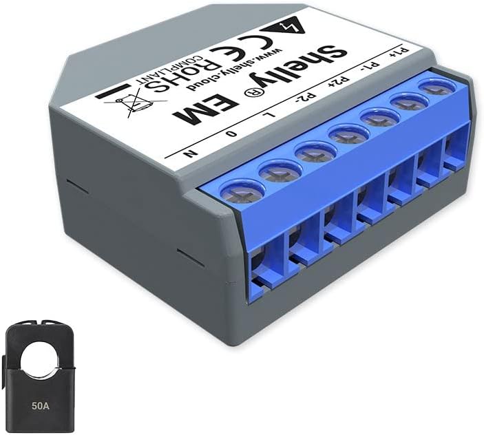Fotografía técnica oficial de Shelly EM Medidor de Energía WiFi para Cuadro Eléctrico con Pinza Amperimétrica de 50A - Vista frontal con fondo neutro