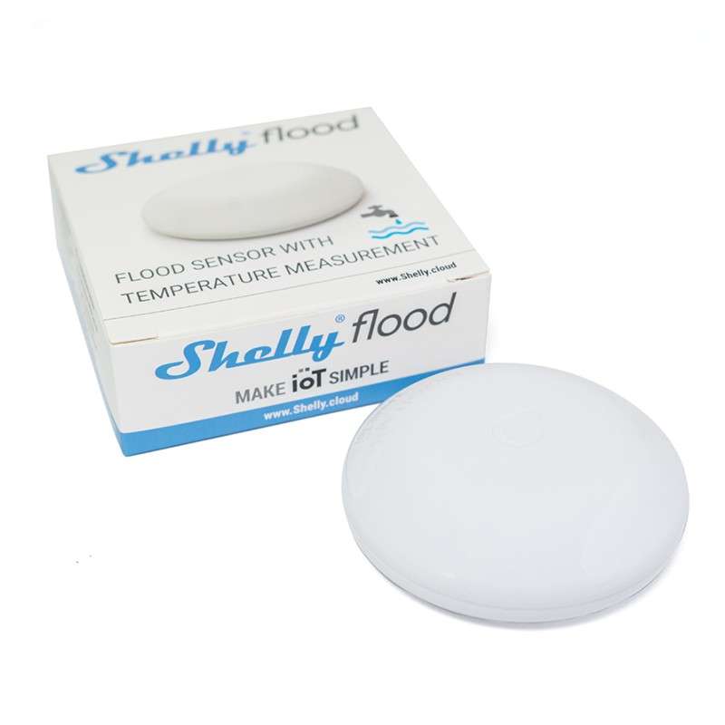 Fotografía técnica oficial de Shelly Flood Sensor de Inundación y Temperatura WiFi con Alerta Acústica Local - Vista frontal con fondo neutro