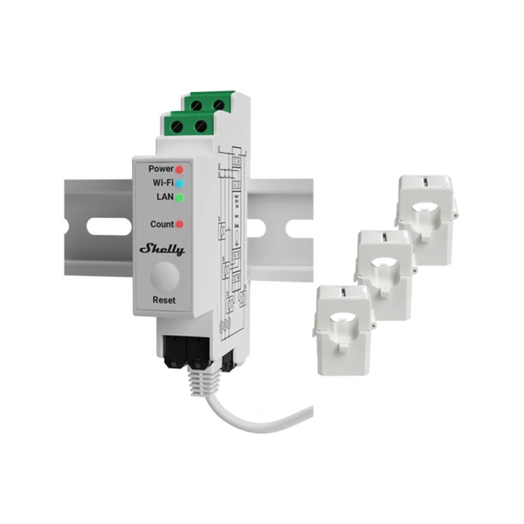 Medidor de energía eléctrica Shelly Pro 3EM montado en carril DIN con 3 transformadores de corriente tipo pinza de 120A