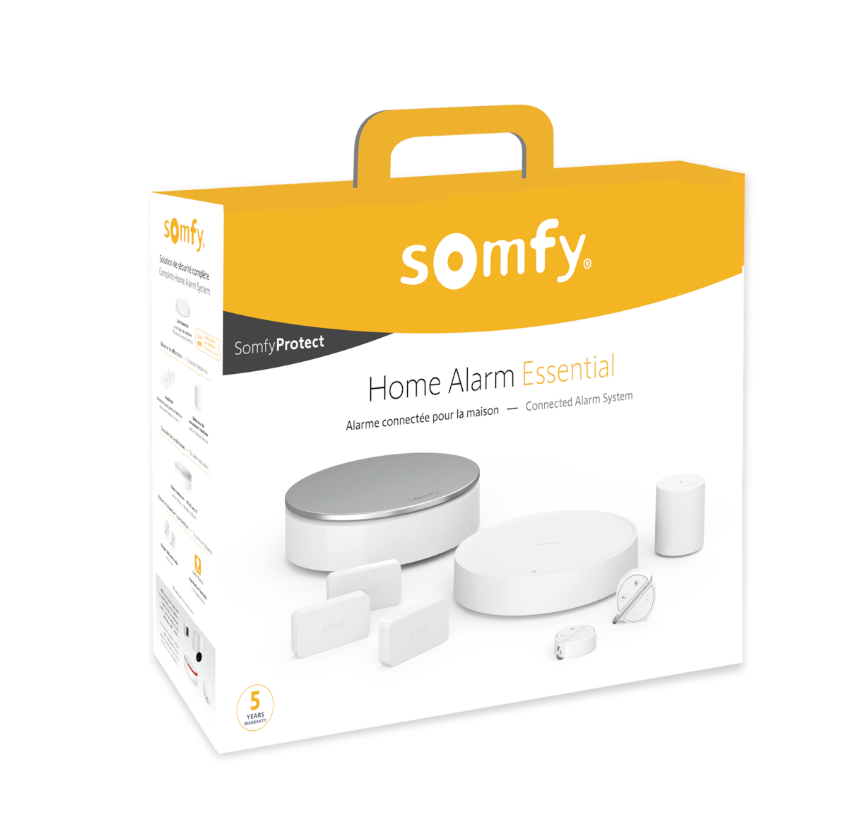 Fotografía técnica oficial de Somfy Home Alarm Essential Pack con Detectores de Intrusión IntelliTAG para Puertas y Ventanas - Vista frontal con fondo neutro