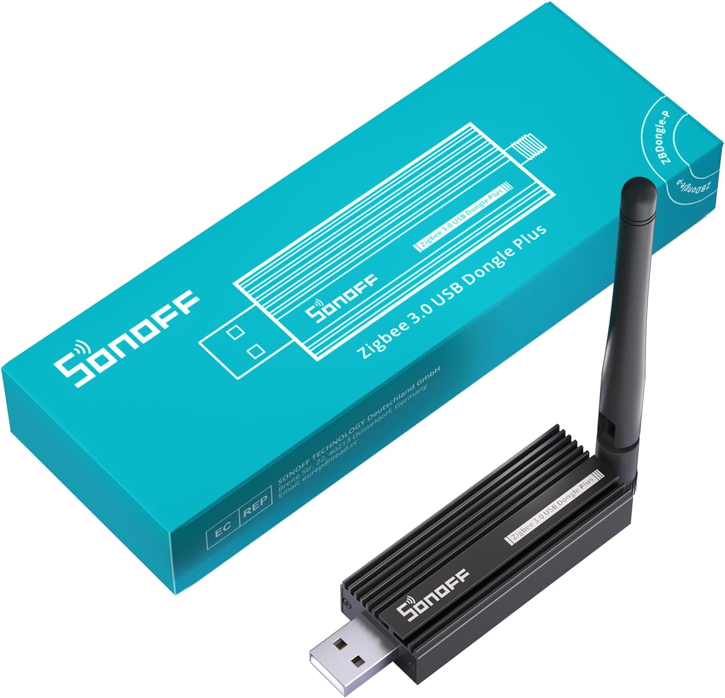Fotografía técnica oficial de SONOFF Zigbee 3.0 USB Dongle Plus Gateway Universal con Antena Externa +20dBm para Home Assistant - Vista frontal con fondo neutro