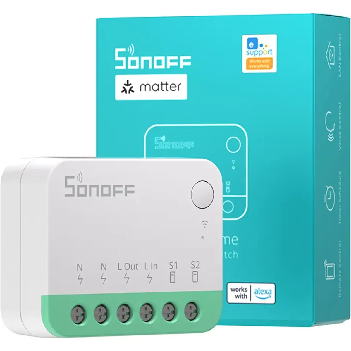 Fotografía técnica oficial de SONOFF MINI R4M Micromódulo WiFi Inteligente con Certificación Matter Oficial - Vista frontal con fondo neutro