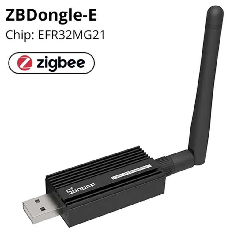 Fotografía técnica oficial de SONOFF Zigbee 3.0 USB Dongle Plus-E con Antena de 20dBm y Soporte Matter / Thread Multiprotocolo - Vista frontal con fondo neutro