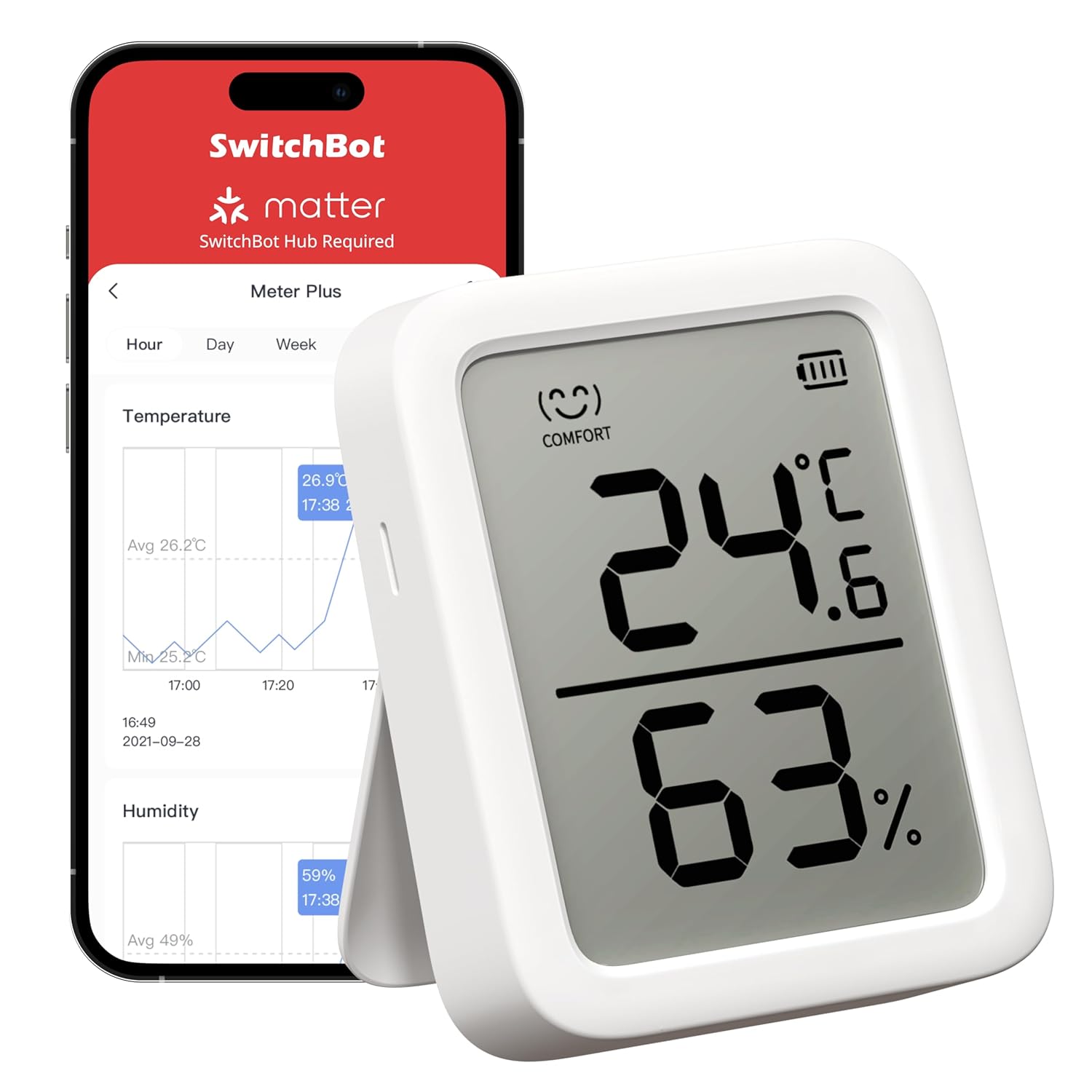 Ver especificaciones técnicas y precio actualizado de SwitchBot Termómetro Higrómetro Interior Plus con Gran Pantalla LCD de 3 Pulgadas Fotografía técnica oficial de SwitchBot Termómetro Higrómetro Interior Plus con Gran Pantalla LCD de 3 Pulgadas - Vista frontal con fondo neutro