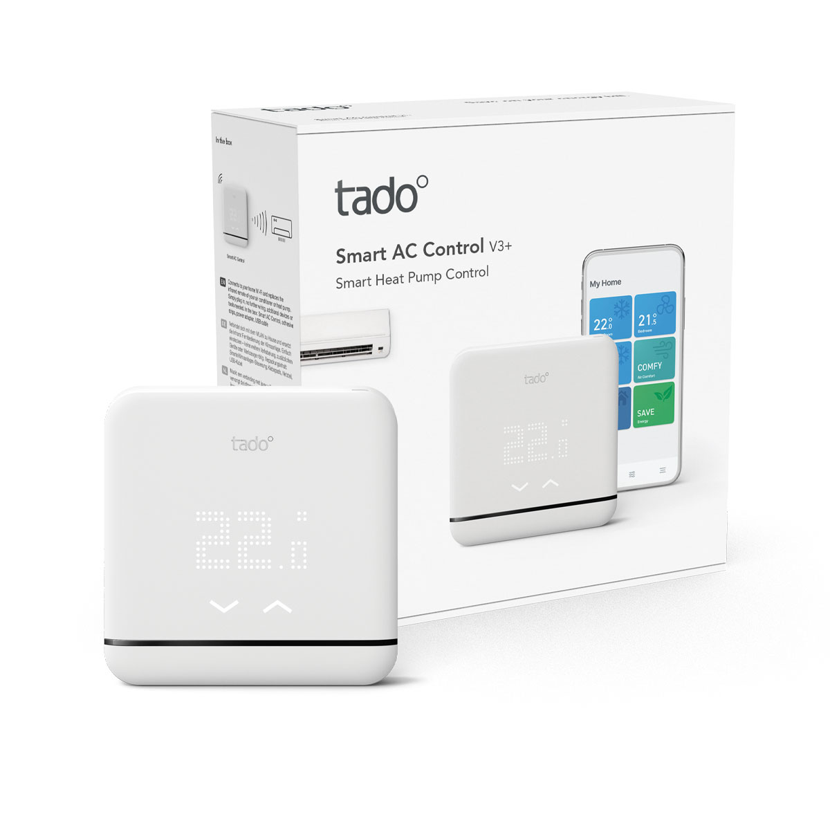 Fotografía técnica oficial de tado° Control de Climatización Inteligente V3+ para Aire Acondicionado y Bomba de Calor - Vista frontal con fondo neutro