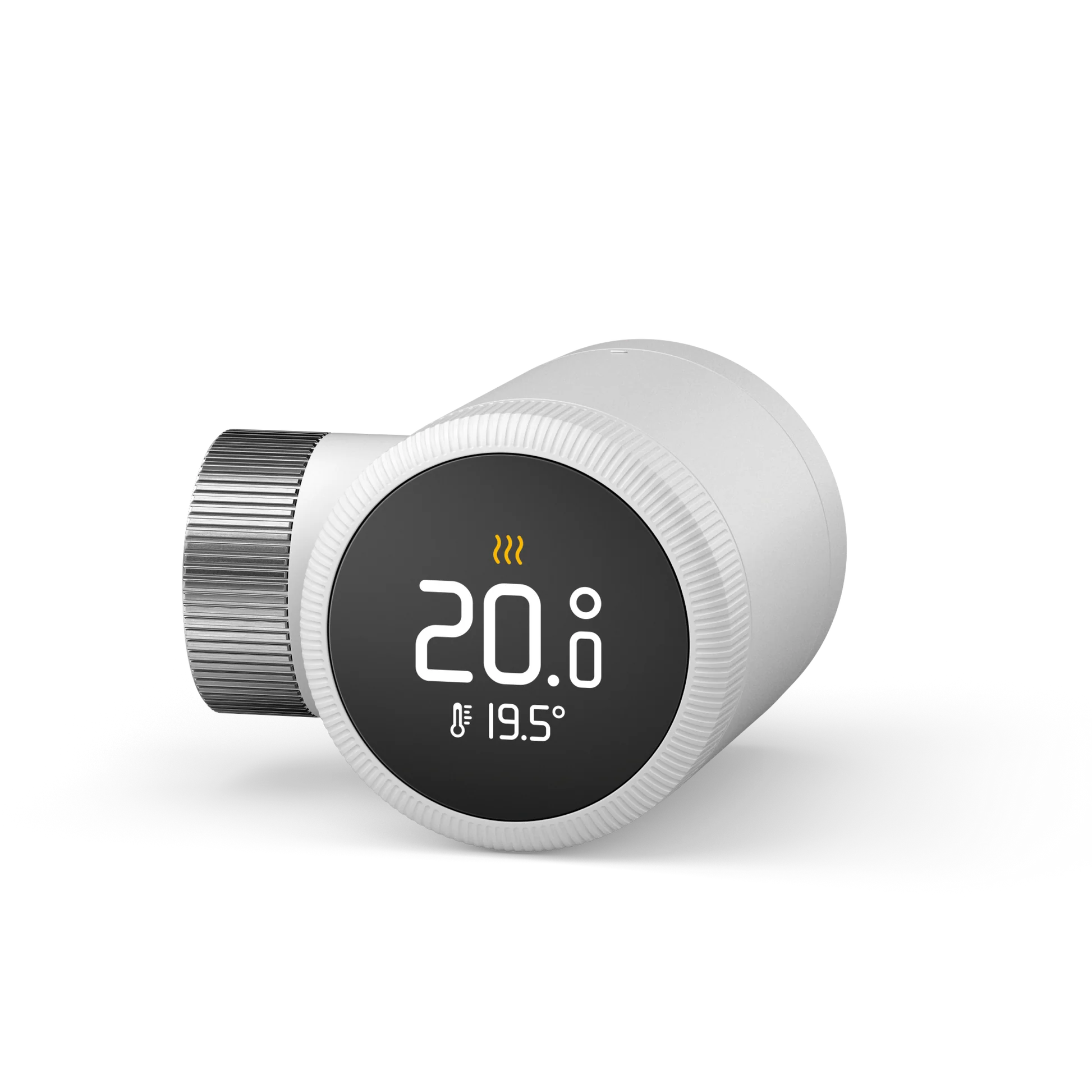 Fotografía técnica oficial de tado° Cabezales Termostáticos Inteligentes para Radiador (Pack de 2) con Adaptadores Universales - Vista frontal con fondo neutro
