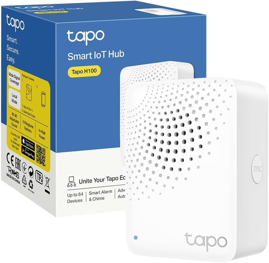Fotografía técnica oficial de TP-Link Tapo H100 Hub Inteligente con Alarma Acústica de 90dB y Timbre Conectado - Vista frontal con fondo neutro