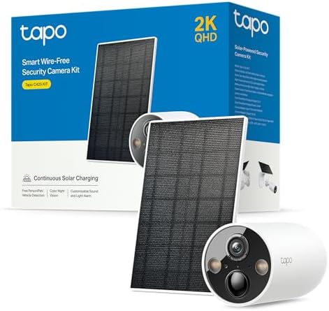 Ver especificaciones técnicas y precio actualizado de TP-Link Tapo C425 Kit Cámara de Vigilancia WiFi Exterior 2K QHD Batería 10.000mAh y Panel Solar IP66 Fotografía técnica oficial de TP-Link Tapo C425 Kit Cámara de Vigilancia WiFi Exterior 2K QHD Batería 10.000mAh y Panel Solar IP66 - Vista frontal con fondo neutro