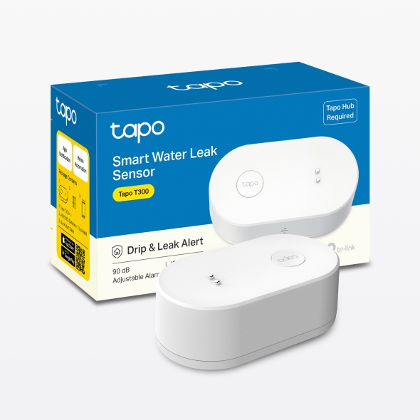 Fotografía técnica oficial de TP-Link Tapo T300 Sensor Inteligente de Fugas de Agua con Sirena de 90dB IP67 - Vista frontal con fondo neutro