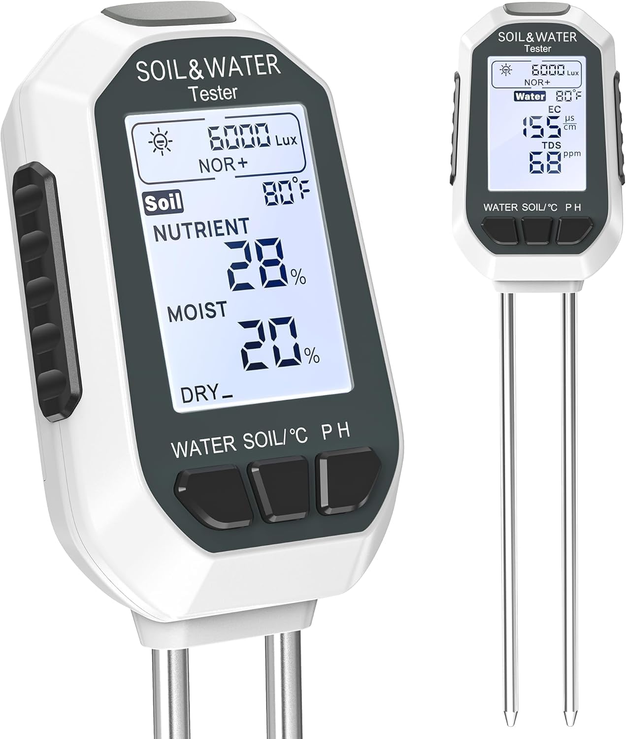 Fotografía técnica oficial de Medidor de Humedad de Suelo y pH para Plantas de Huerto y Césped con Sonda de Acero - Vista frontal con fondo neutro