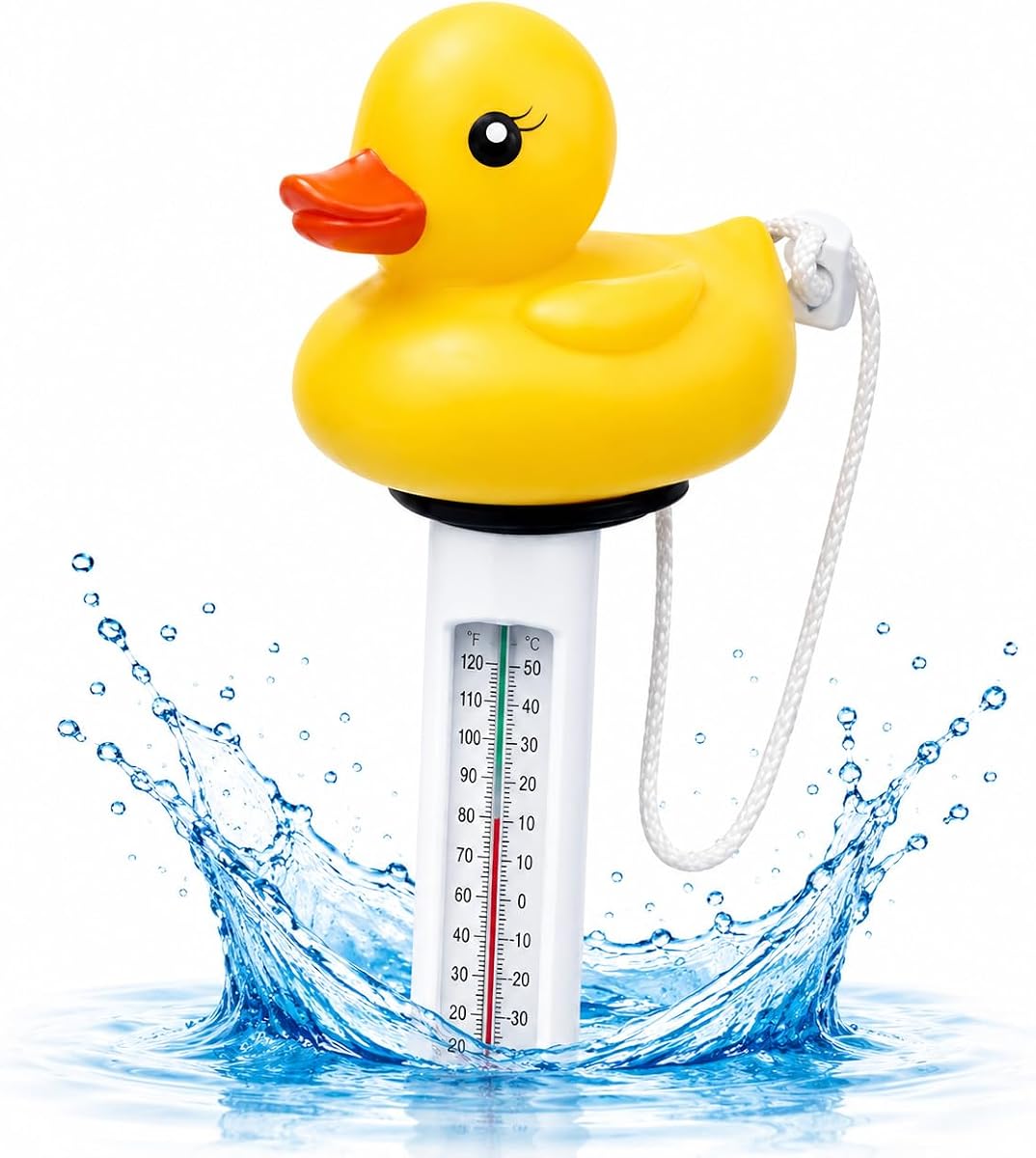 Fotografía técnica oficial de Termómetro Flotante para Piscina Diseño Pato Escala Precisa Celsius y Fahrenheit con Cuerda - Vista frontal con fondo neutro