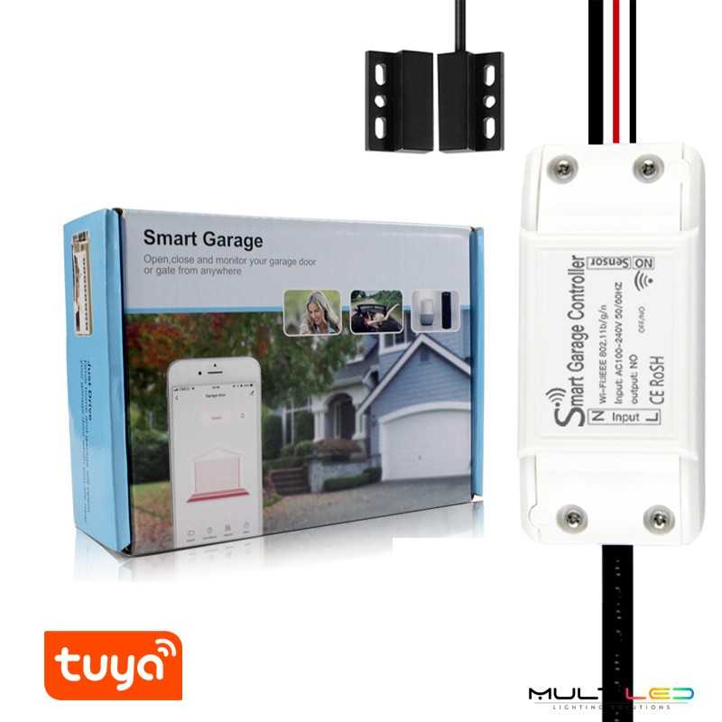 Fotografía técnica oficial de Tuya Smart WiFi Controlador de Puerta de Garaje con Sensor Cableado y Control por Voz - Vista frontal con fondo neutro