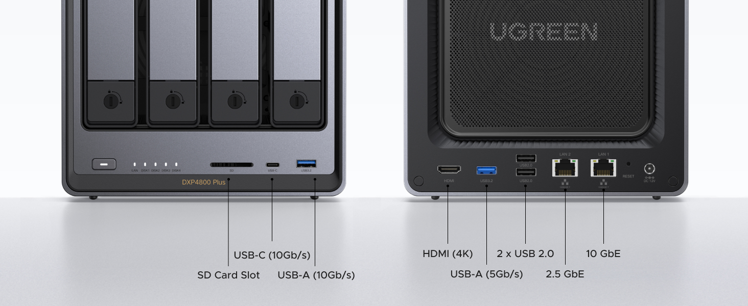 Fotografía técnica oficial de UGREEN NASync DXP4800 Plus Servidor NAS 4 Bahías con Intel Core i5 10 Núcleos y Puerto 10GbE - Vista frontal con fondo neutro