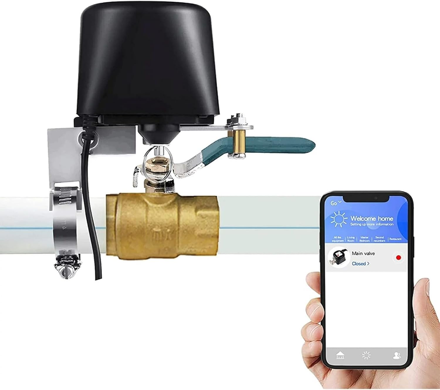 Ver especificaciones técnicas y precio actualizado de Controlador Motorizado WiFi para Válvula de Bola de Agua y Gas con Sensor de Fugas Fotografía técnica oficial de Controlador Motorizado WiFi para Válvula de Bola de Agua y Gas con Sensor de Fugas - Vista frontal con fondo neutro