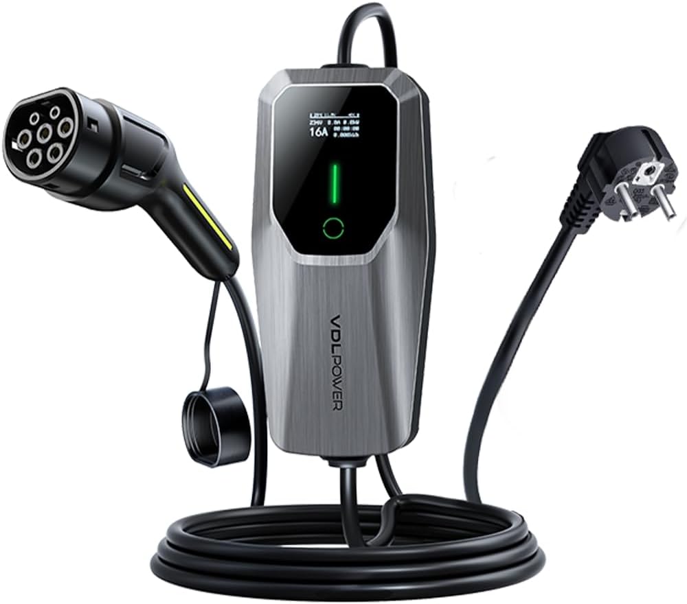 Fotografía técnica oficial de Wallbox Pulsar Plus Cargador de Coche Eléctrico Tipo 2 de 7.4kW con WiFi y Bluetooth - Vista frontal con fondo neutro