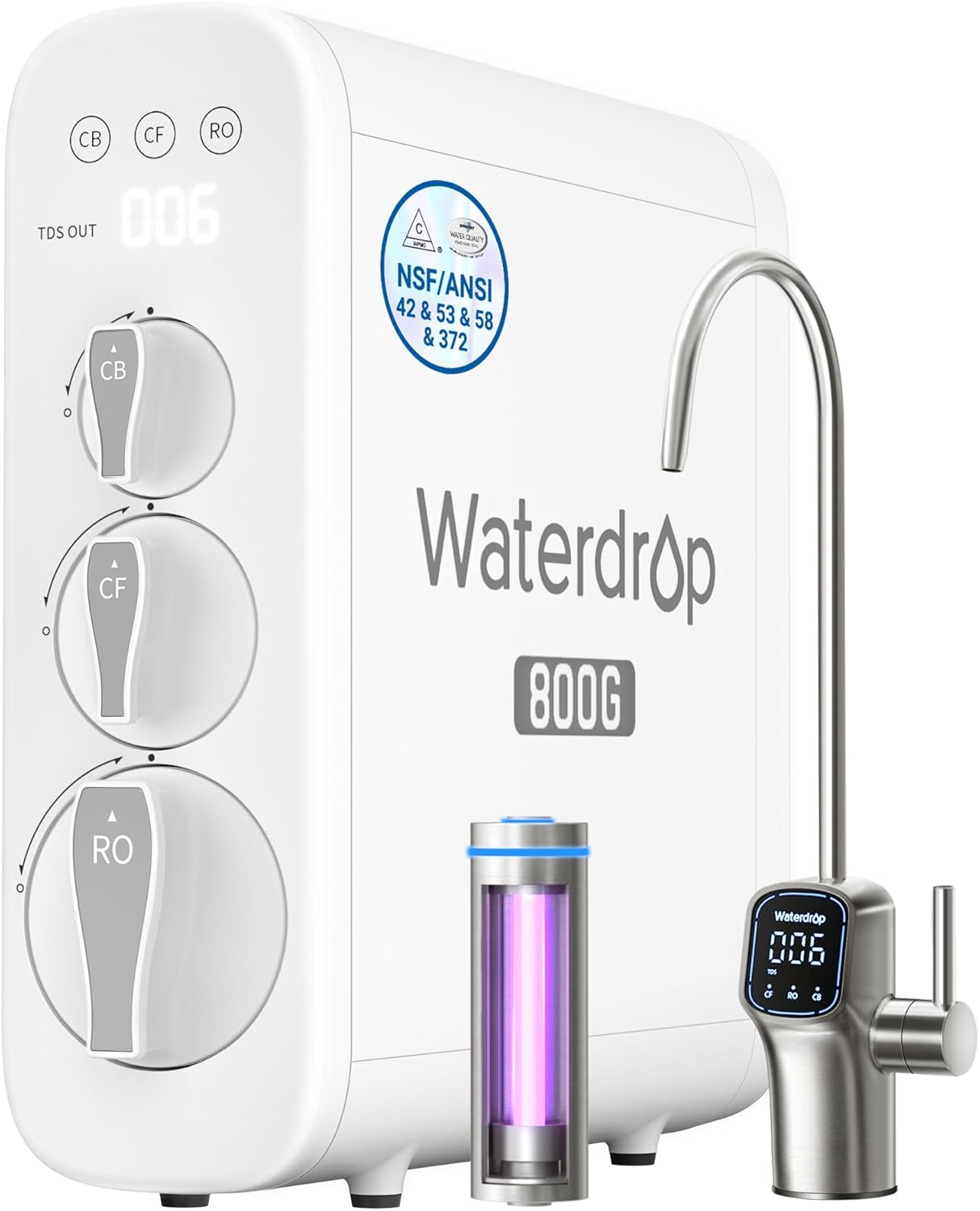 Fotografía técnica oficial de Waterdrop G3P800 Sistema de Ósmosis Inversa de Flujo Directo 800 GPD con Grifo Inteligente - Vista frontal con fondo neutro