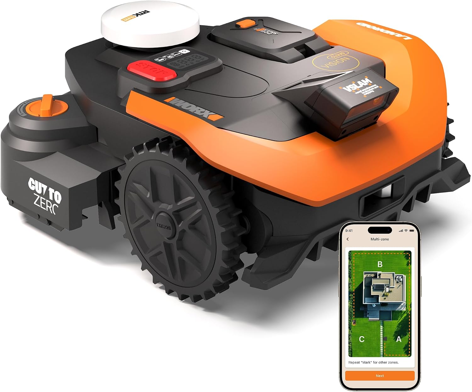 Ver especificaciones técnicas y precio actualizado de Worx Landroid Plus WR165E Robot Cortacésped para 500 m² con Corte al Borde y WiFi Fotografía técnica oficial de Worx Landroid Plus WR165E Robot Cortacésped para 500 m² con Corte al Borde y WiFi - Vista frontal con fondo neutro