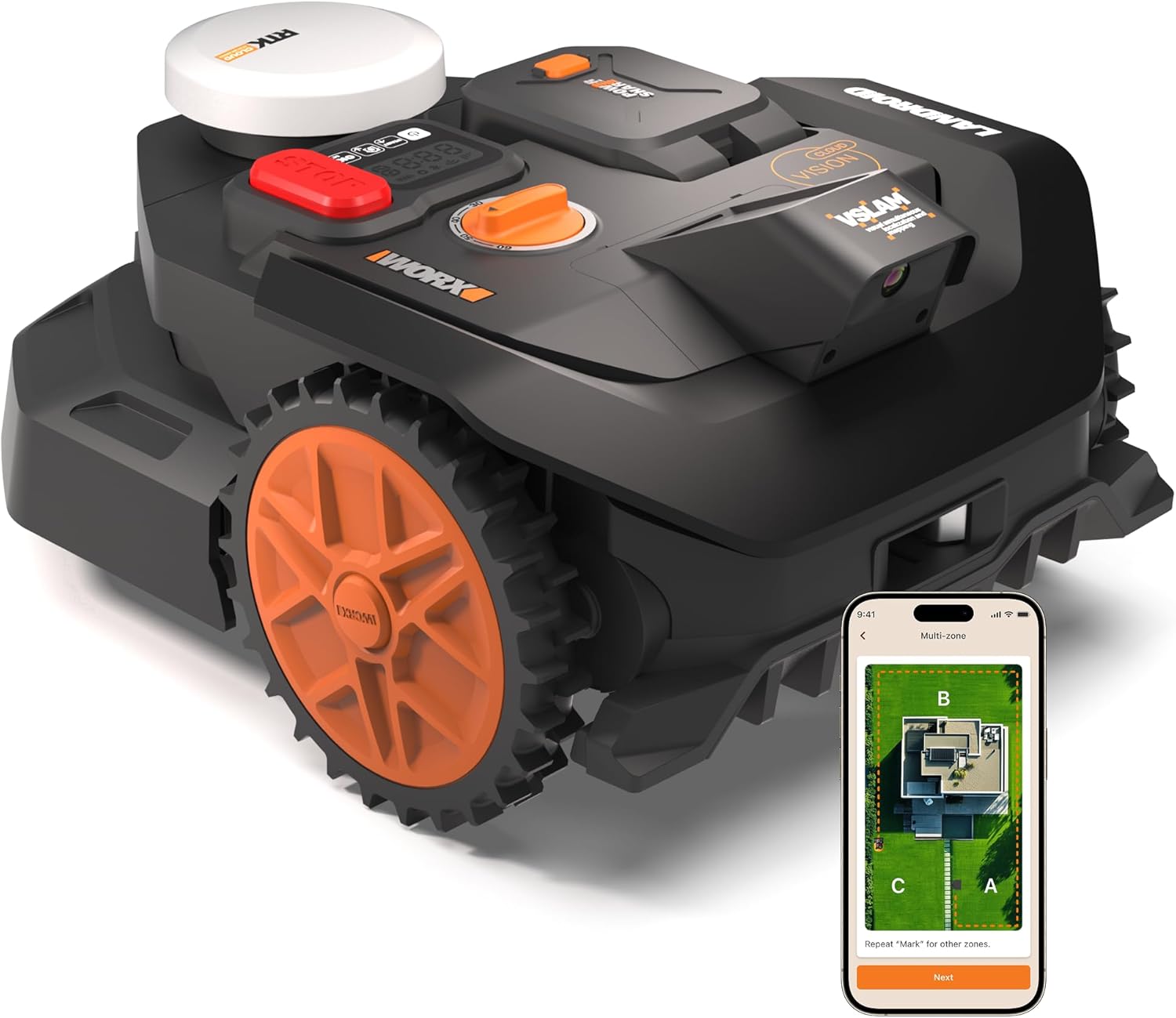 Ver especificaciones técnicas y precio actualizado de Worx Landroid Vision M600 Robot Cortacésped Inteligente Sin Cable Guiado por Red Neuronal Fotografía técnica oficial de Worx Landroid Vision M600 Robot Cortacésped Inteligente Sin Cable Guiado por Red Neuronal - Vista frontal con fondo neutro