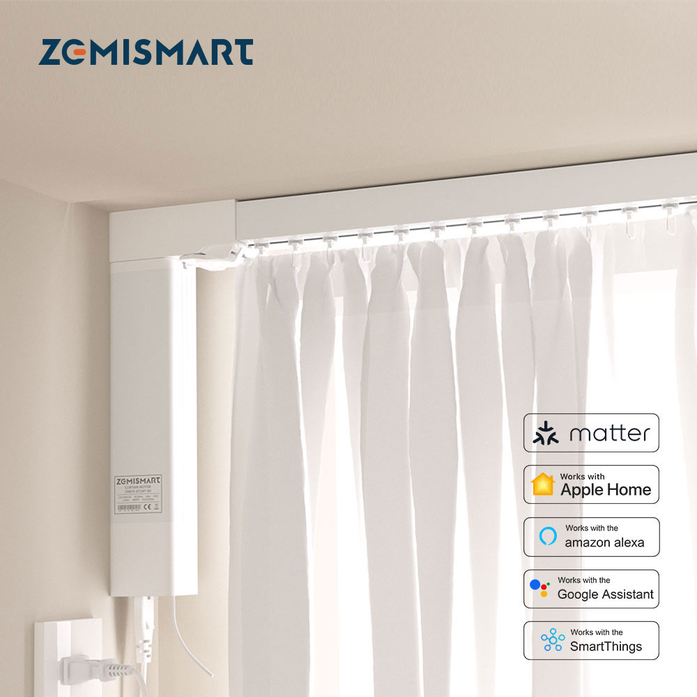 Fotografía técnica oficial de Zemismart Motor de Riel para Cortinas con Matter sobre Thread y Batería Solar - Vista frontal con fondo neutro